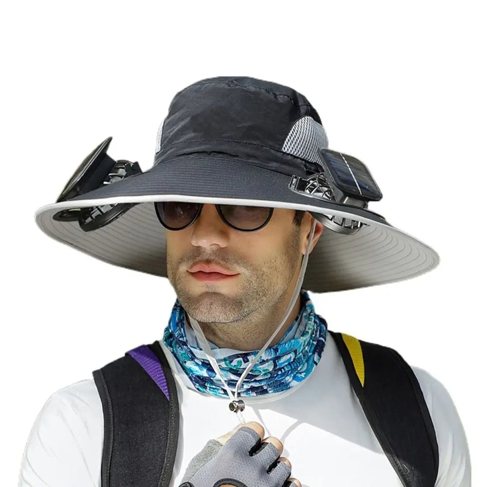 2 Solar Fan Sun Hat with Solar Fan Breathable Waterproof Wide Brim Sun Hat Sun Protection USB Recharging Sun Bucket Hat Men