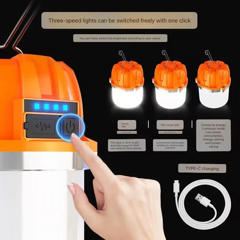 LED Camping Lantern USB Rechargeable Portable Lamp Bulb Flashlight with Power Display Emergency Light for Outdoors Fishing