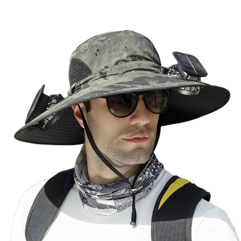 2 Solar Fan Sun Hat with Solar Fan Breathable Waterproof Wide Brim Sun Hat Sun Protection USB Recharging Sun Bucket Hat Men