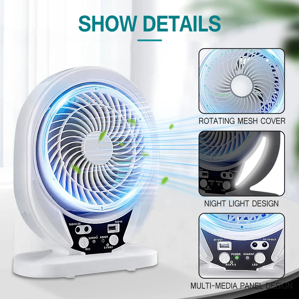 Solar Fan Light Solar Powered AC DC Rechargeable Solar Fan with Solar Panel and LED Bulb Light for Outdoor LED Camping Lights