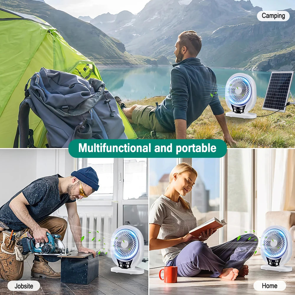 Solar Fan Light Solar Powered AC DC Rechargeable Solar Fan with Solar Panel and LED Bulb Light for Outdoor LED Camping Lights