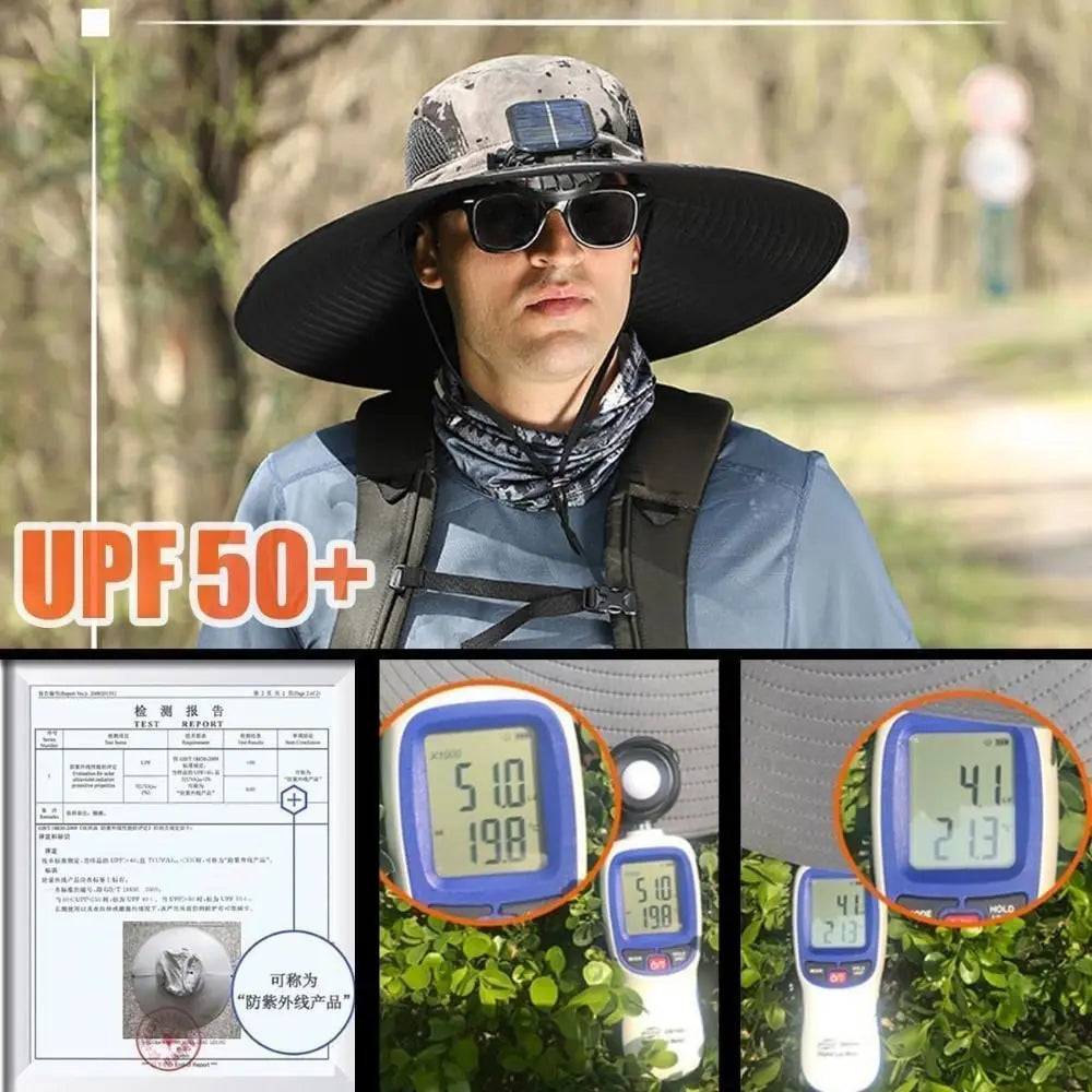 2 Solar Fan Sun Hat with Solar Fan Breathable Waterproof Wide Brim Sun Hat Sun Protection USB Recharging Sun Bucket Hat Men