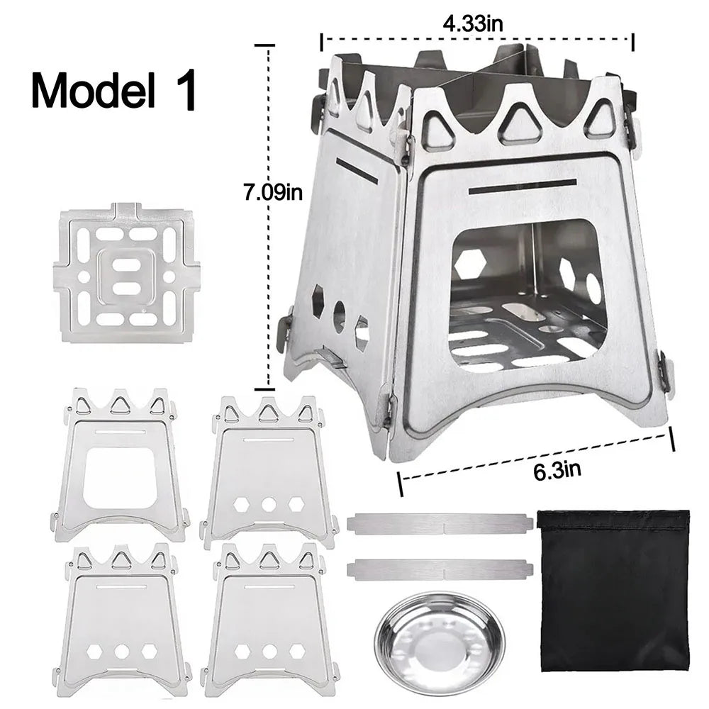 Portable Camping Wood Stove with Stainless Steel Folding Lightweight Firewood Stove for Outdoor Hiking Traveling BBQ Picnic