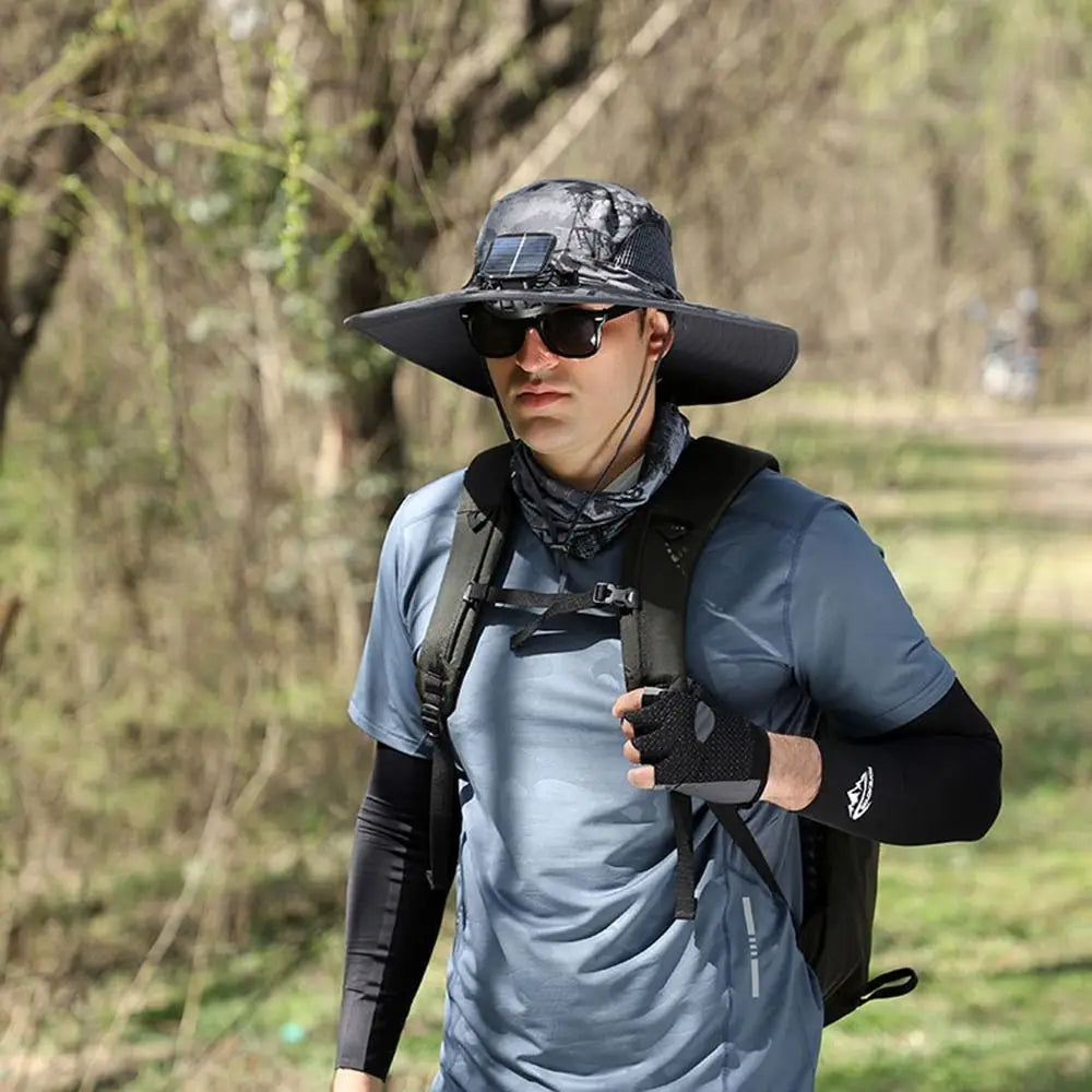 2 Solar Fan Sun Hat with Solar Fan Breathable Waterproof Wide Brim Sun Hat Sun Protection USB Recharging Sun Bucket Hat Men