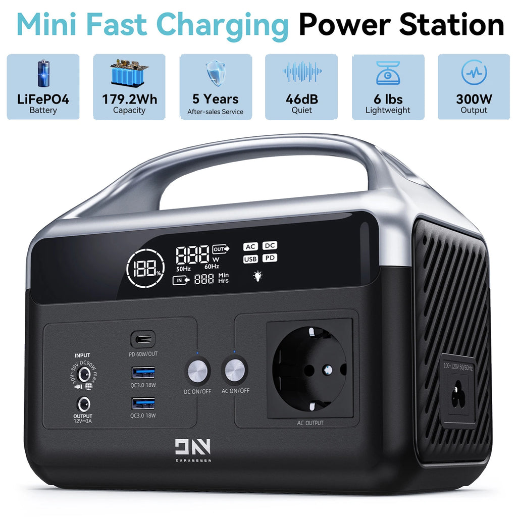 Daranener NEOZ Portable Power Station 300W 179.2Wh Lifepo4 Battery AC DC Outdoor Pure Sine Wave Emergency Backup Power Supply