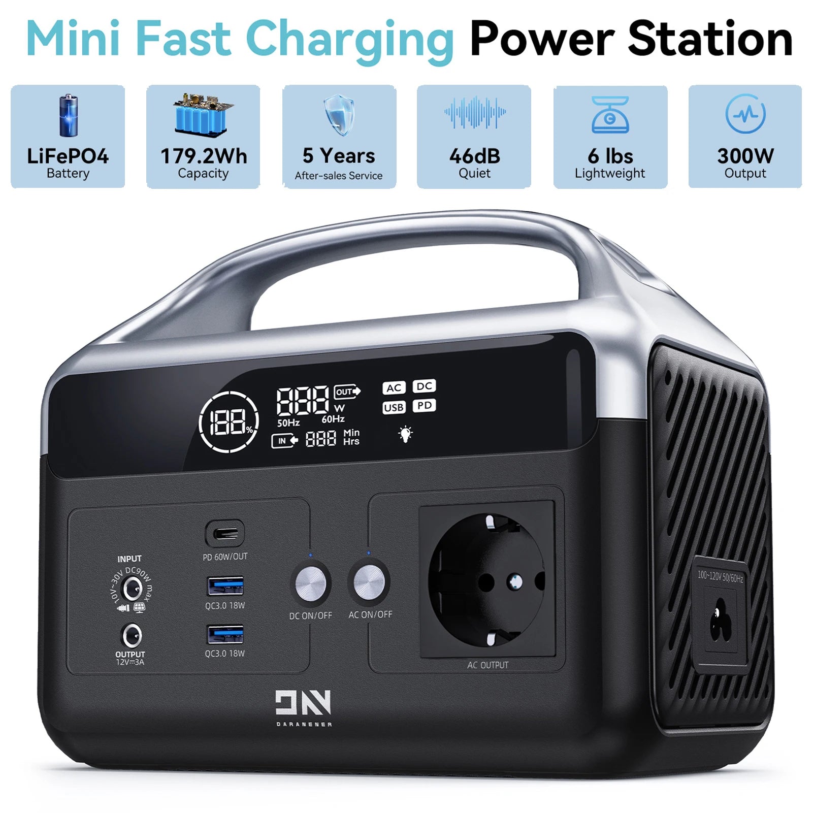 Daranener NEOZ Portable Power Station 300W 179.2Wh Lifepo4 Battery AC DC Outdoor Pure Sine Wave Emergency Backup Power Supply