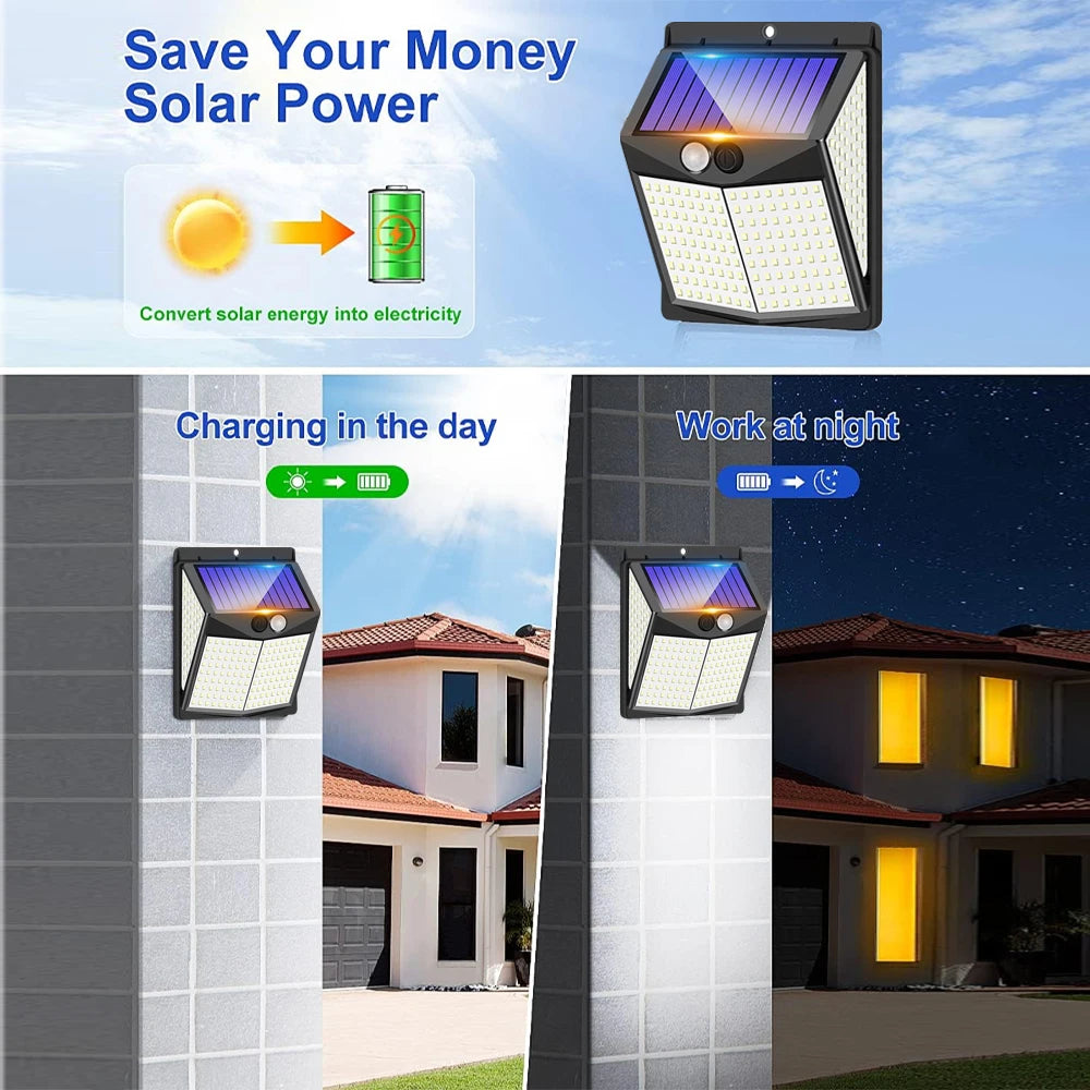238 LED Outdoor Solar Light Wall Sconce with Motion Sensor Solar Safe LED Light 3 Lighting Modes Solar Flood Light