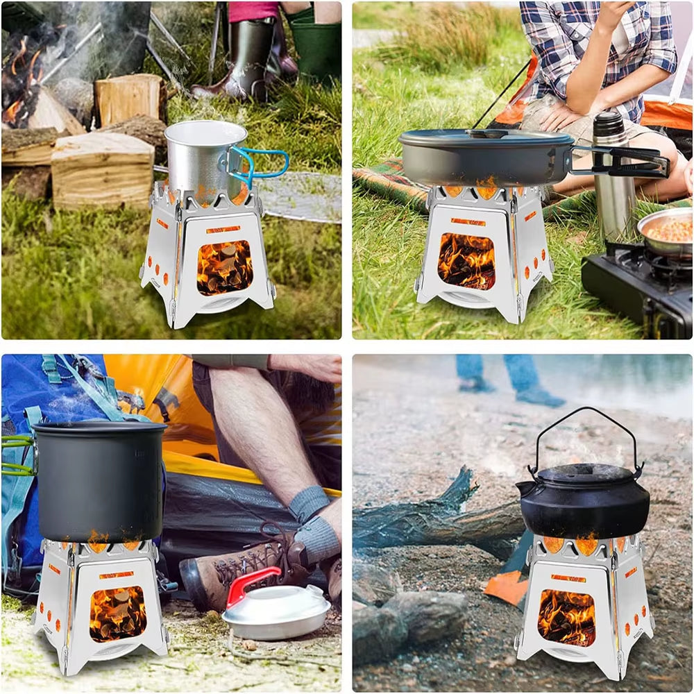 Portable Camping Wood Stove with Stainless Steel Folding Lightweight Firewood Stove for Outdoor Hiking Traveling BBQ Picnic