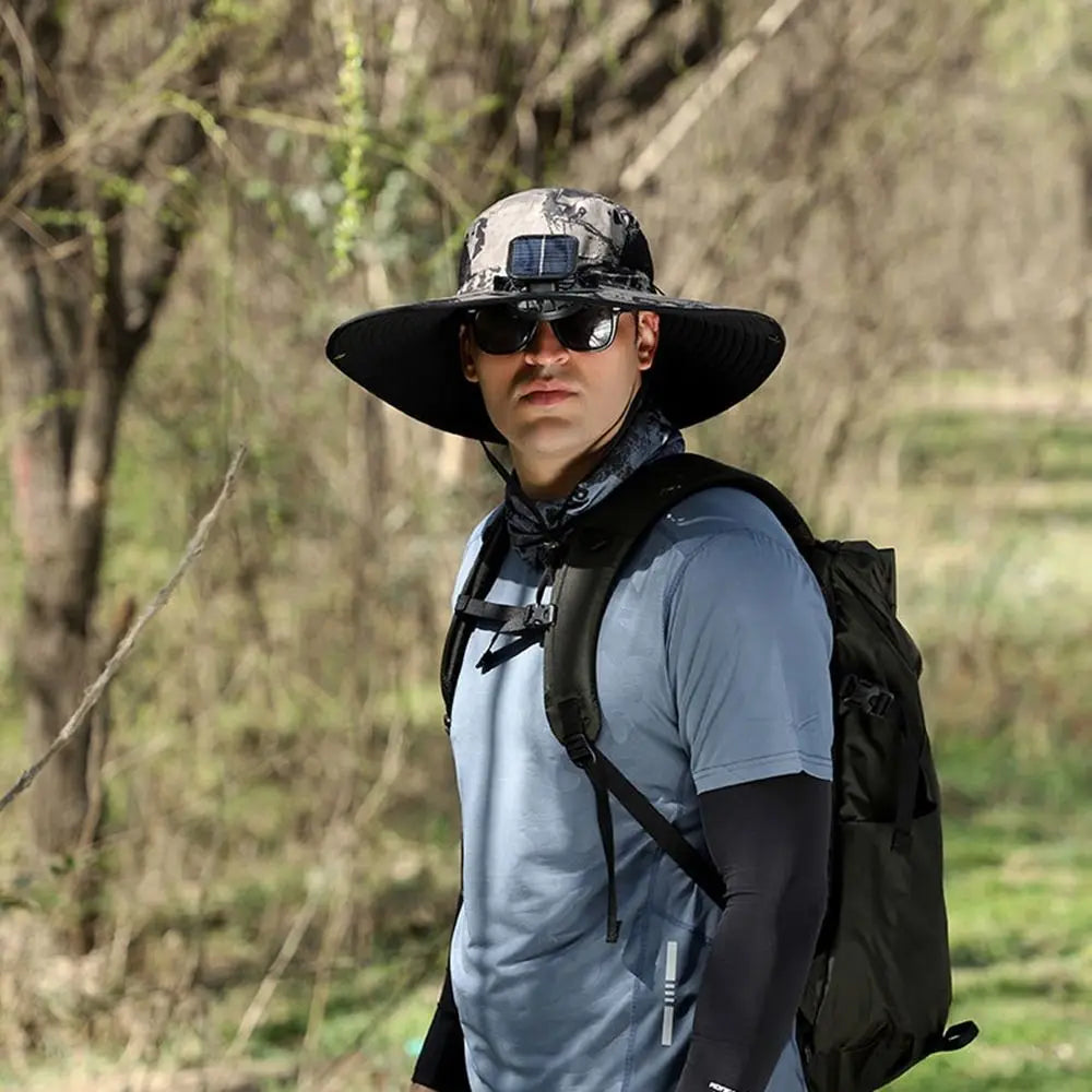 2 Solar Fan Sun Hat with Solar Fan Breathable Waterproof Wide Brim Sun Hat Sun Protection USB Recharging Sun Bucket Hat Men