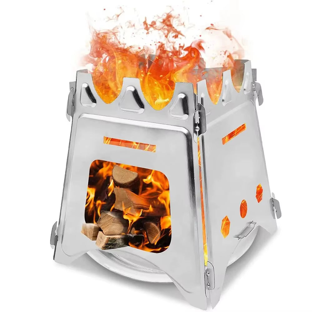 Portable Camping Wood Stove with Stainless Steel Folding Lightweight Firewood Stove for Outdoor Hiking Traveling BBQ Picnic