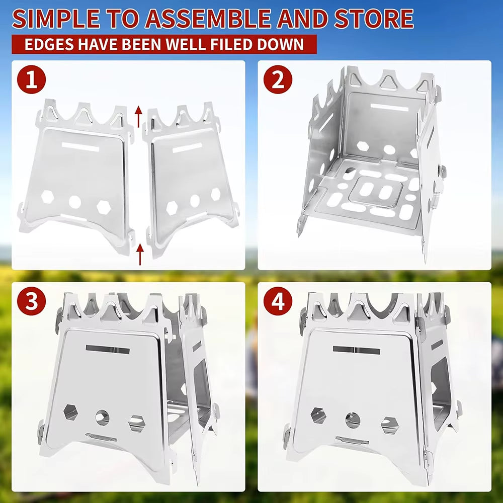 Portable Camping Wood Stove with Stainless Steel Folding Lightweight Firewood Stove for Outdoor Hiking Traveling BBQ Picnic