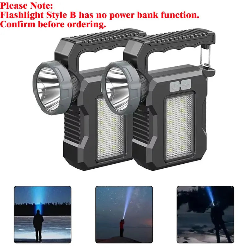 New Upgrade Rechargeable High Power Solar LED COB Flashlight with Power Bank Waterproof Multifunctional Hand Lamp for Outdoor