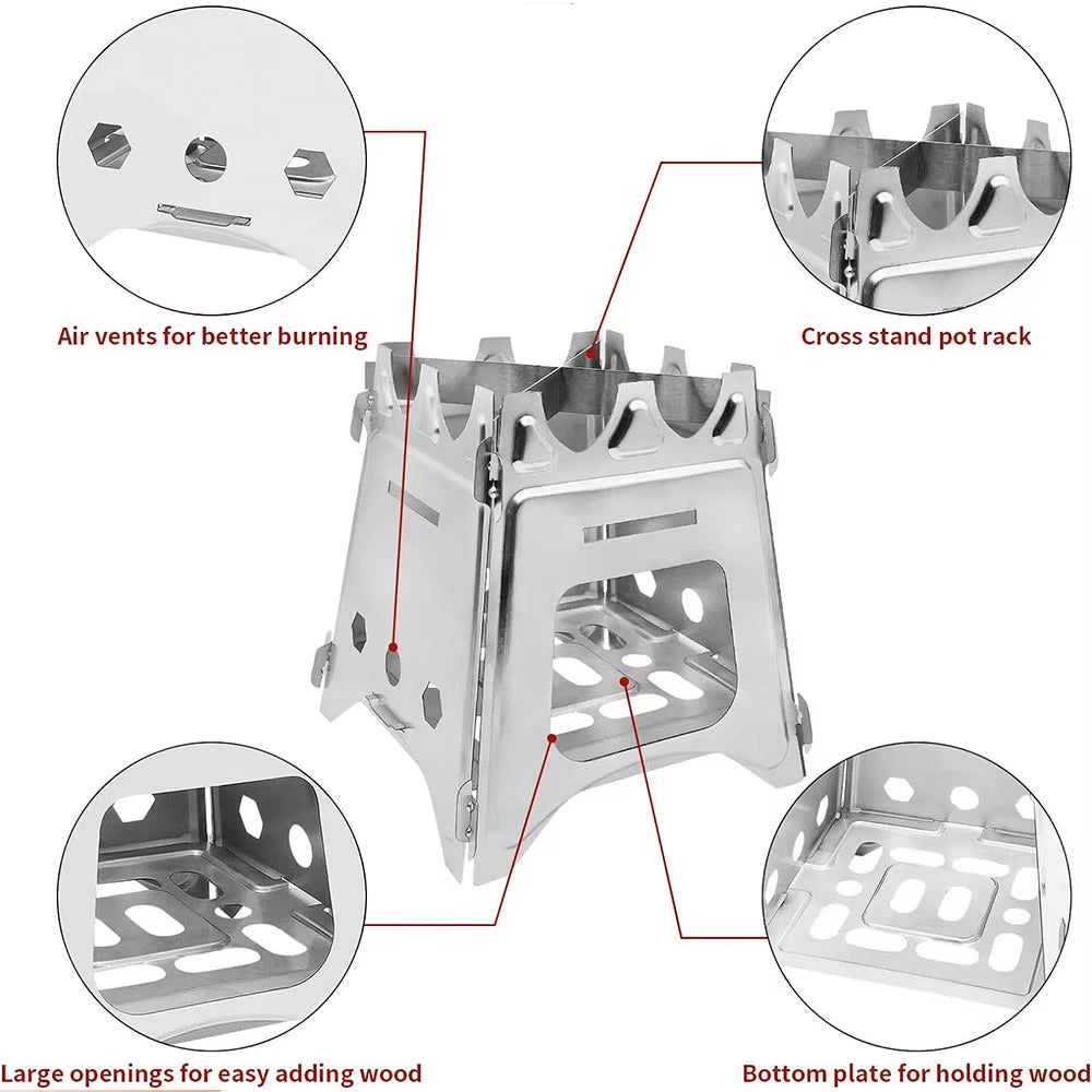 Portable Camping Wood Stove with Stainless Steel Folding Lightweight Firewood Stove for Outdoor Hiking Traveling BBQ Picnic