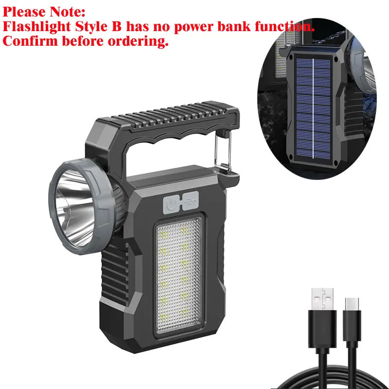 New Upgrade Rechargeable High Power Solar LED COB Flashlight with Power Bank Waterproof Multifunctional Hand Lamp for Outdoor