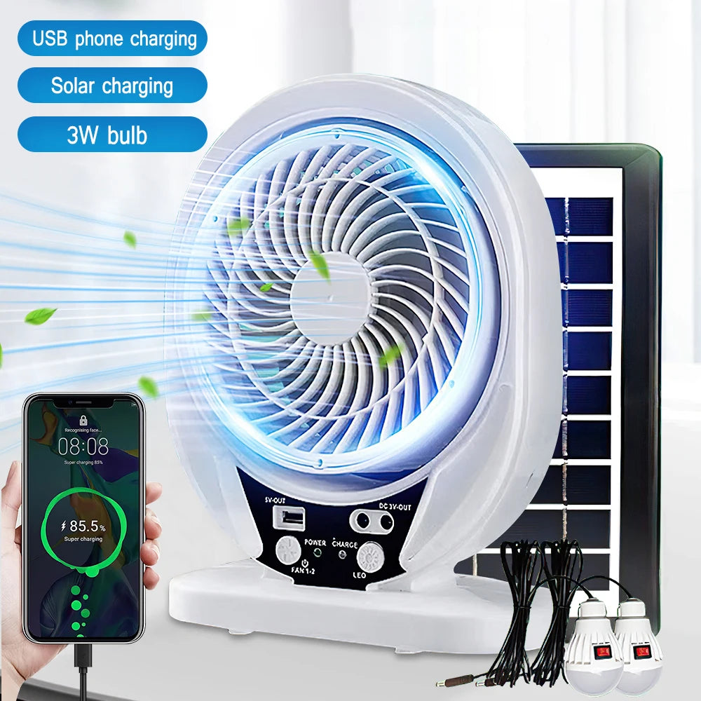 Solar Fan Light Solar Powered AC DC Rechargeable Solar Fan with Solar Panel and LED Bulb Light for Outdoor LED Camping Lights