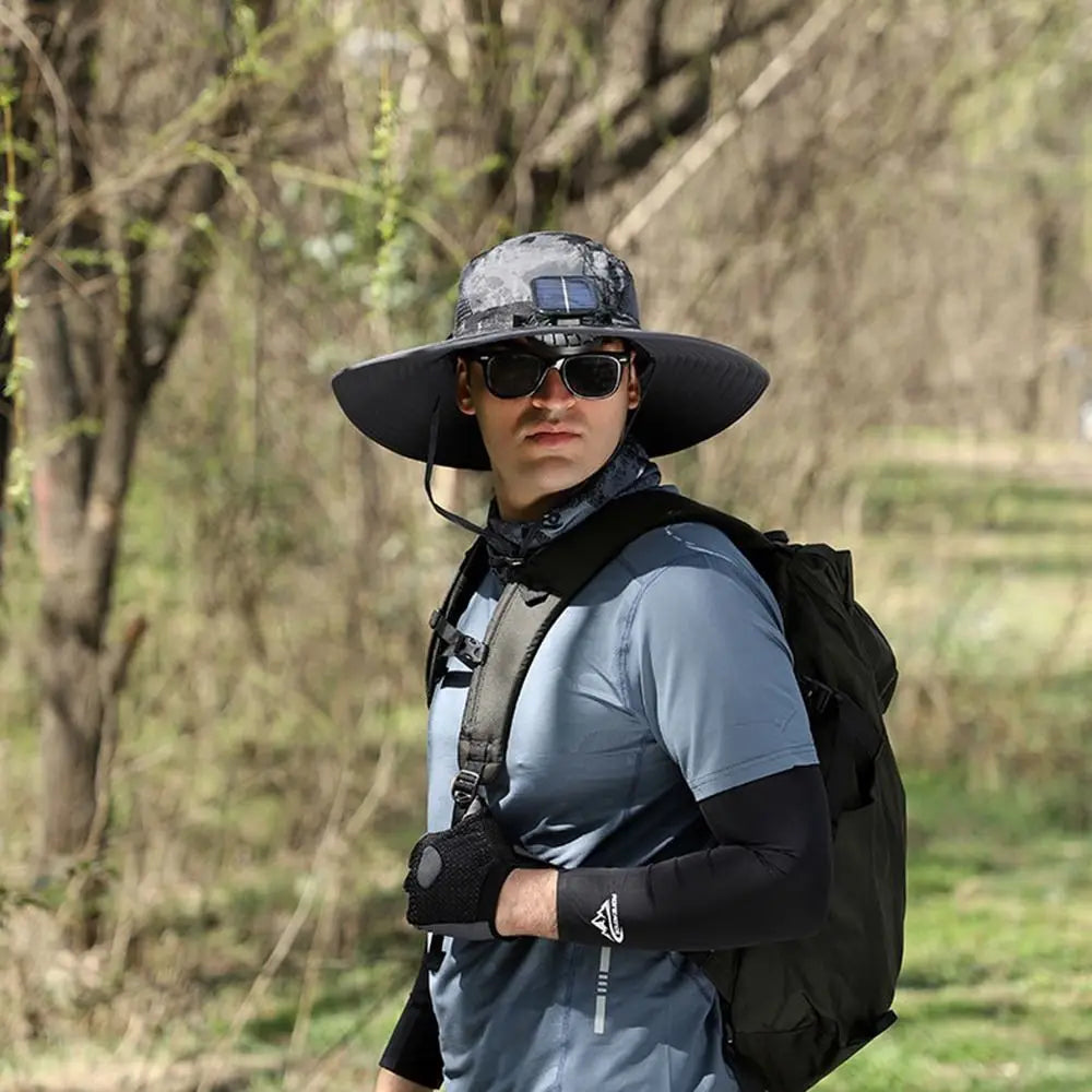 2 Solar Fan Sun Hat with Solar Fan Breathable Waterproof Wide Brim Sun Hat Sun Protection USB Recharging Sun Bucket Hat Men